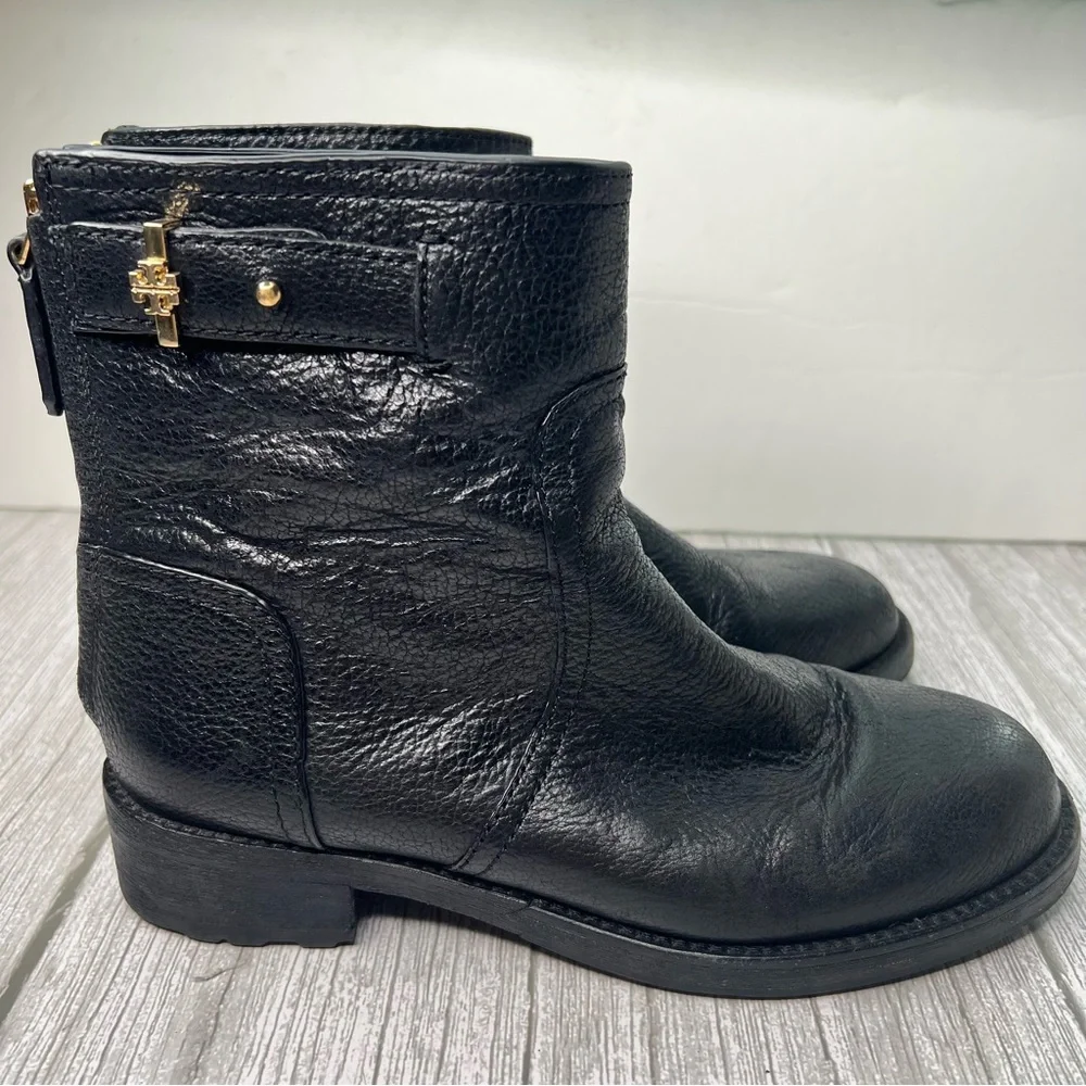 Tory Burch Selena Boots Bootie Black Metallic Distressed Reva Moto Zip Ankle